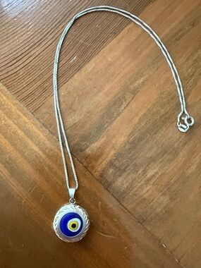 Sterling Silver Blue Evil Eye Pendant Necklace - Sterling silver and 14k